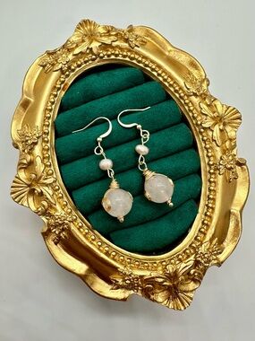 Rose Quartz & Pearl Dangle Earrings Gold Wire Wrapped Handmade Style